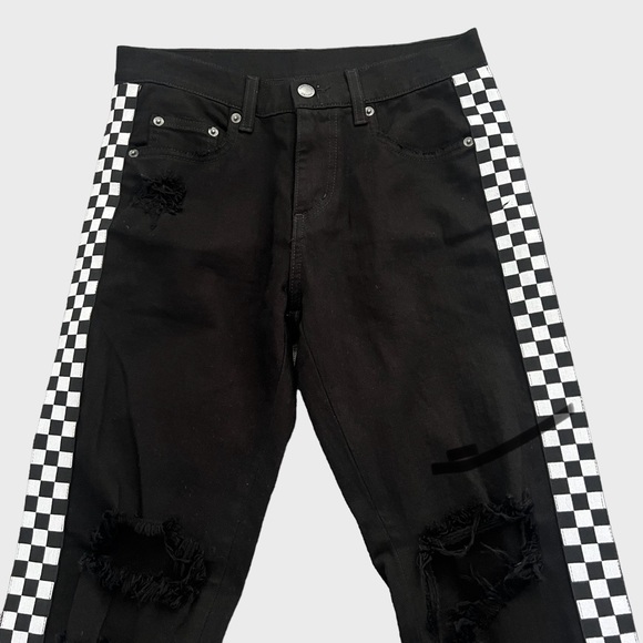 Carmar Side Stripe Jeans Mid Rise Checker Distressed Black White - Picture 6 of 10